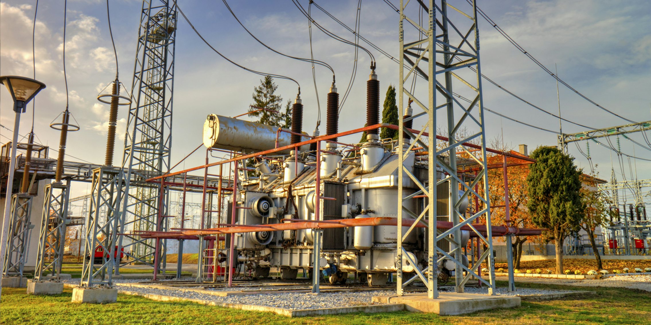 power transformer in high voltage switchyard in electrical substation