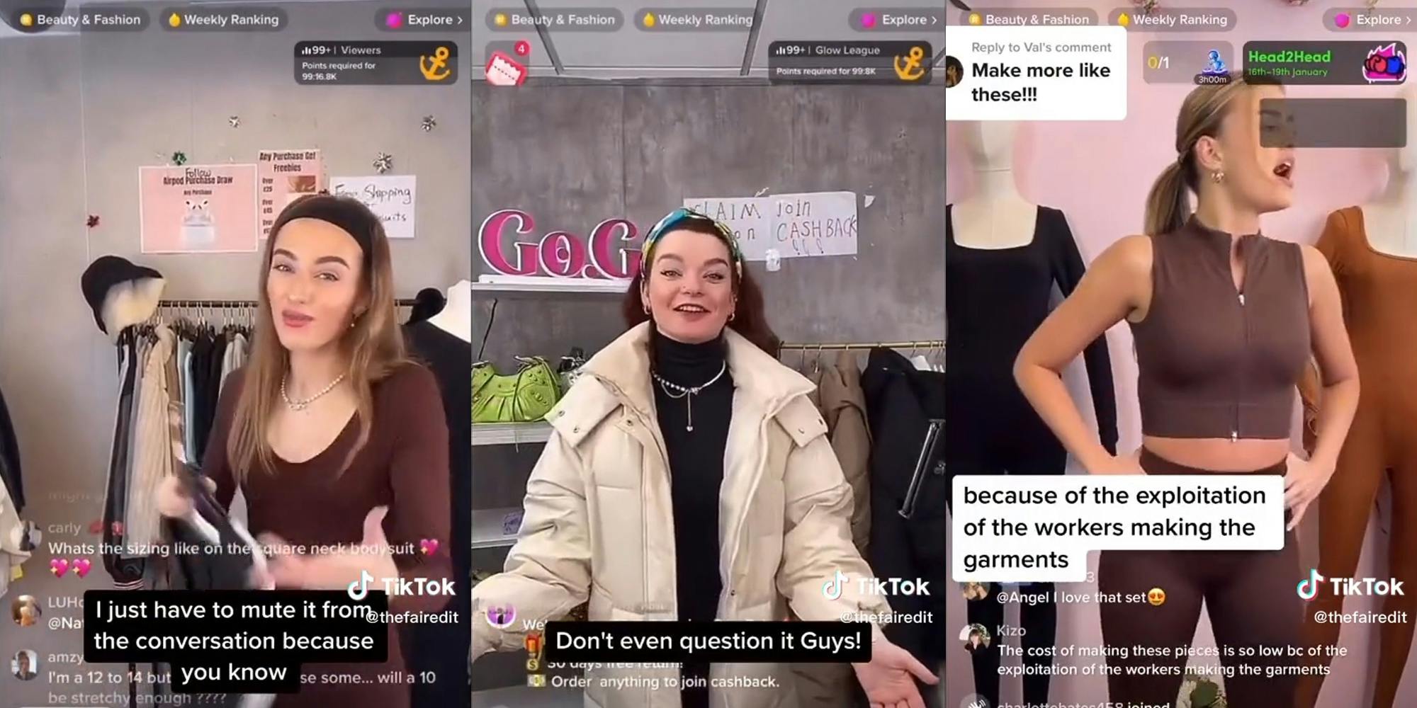 three panel photo of women tiktokers talking about fashion