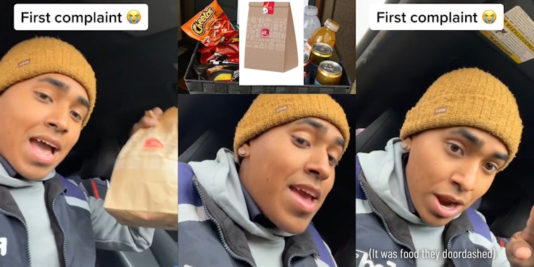 FedEx driver speaking with food in hand and caption 'First complaint' (l) FedEx driver speaking with image of delivery driver basket with Jack in the Box bag image over center (c) FedEx driver speaking with caption 'First complaint' '(It was food they doordashed)' (r)