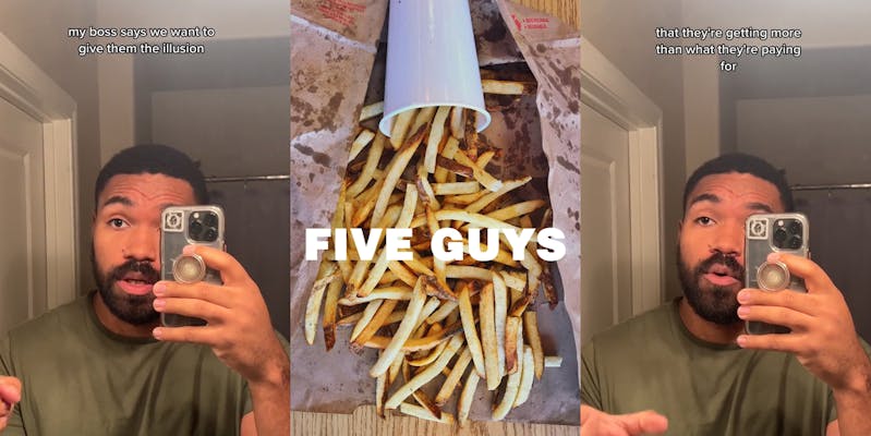 former Five Guys employee speaking with caption "my boss says we want to give the illusion" (l) Five Guys fries on paper spilling from cup on table with Five Guys logo (c) former Five Guys employee speaking with caption "that they're getting more than what they paid for" (r)