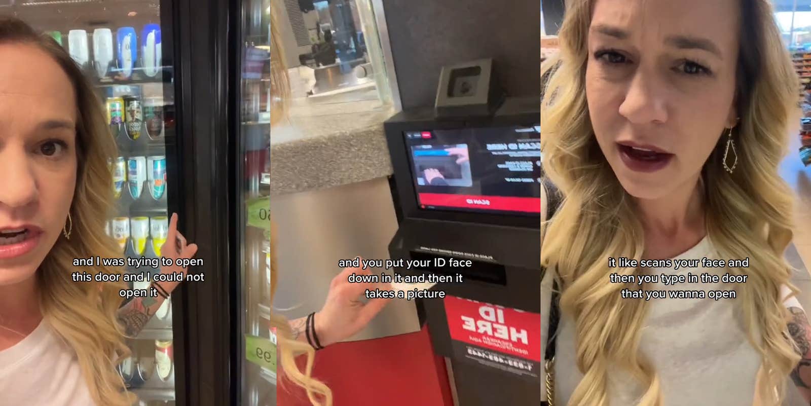 woman speaking with hand on gas station fridge door with caption 'and I was trying to open this door and I could not open it' (l) ID machine at gas station with caption 'and you put your ID face down in it then it takes a picture' (c) woman speaking at gas station with caption 'it like scans your face and then you type in the door that you wanna open' (r)