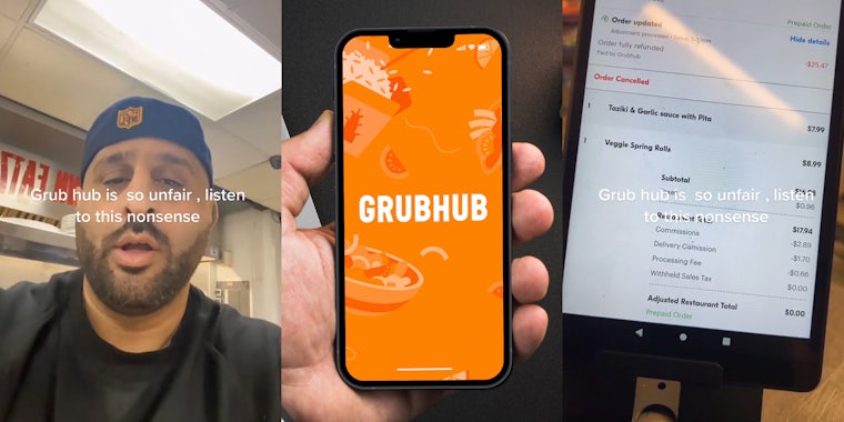 GrubHub employee with caption 'Grub Hub is so unfair, listen to this nonsense' (l) GrubHub on phone in hand in front of grey background (c) GrubHub order on screen with caption 'Grub Hub is so unfair, listen to this nonsense' (r)
