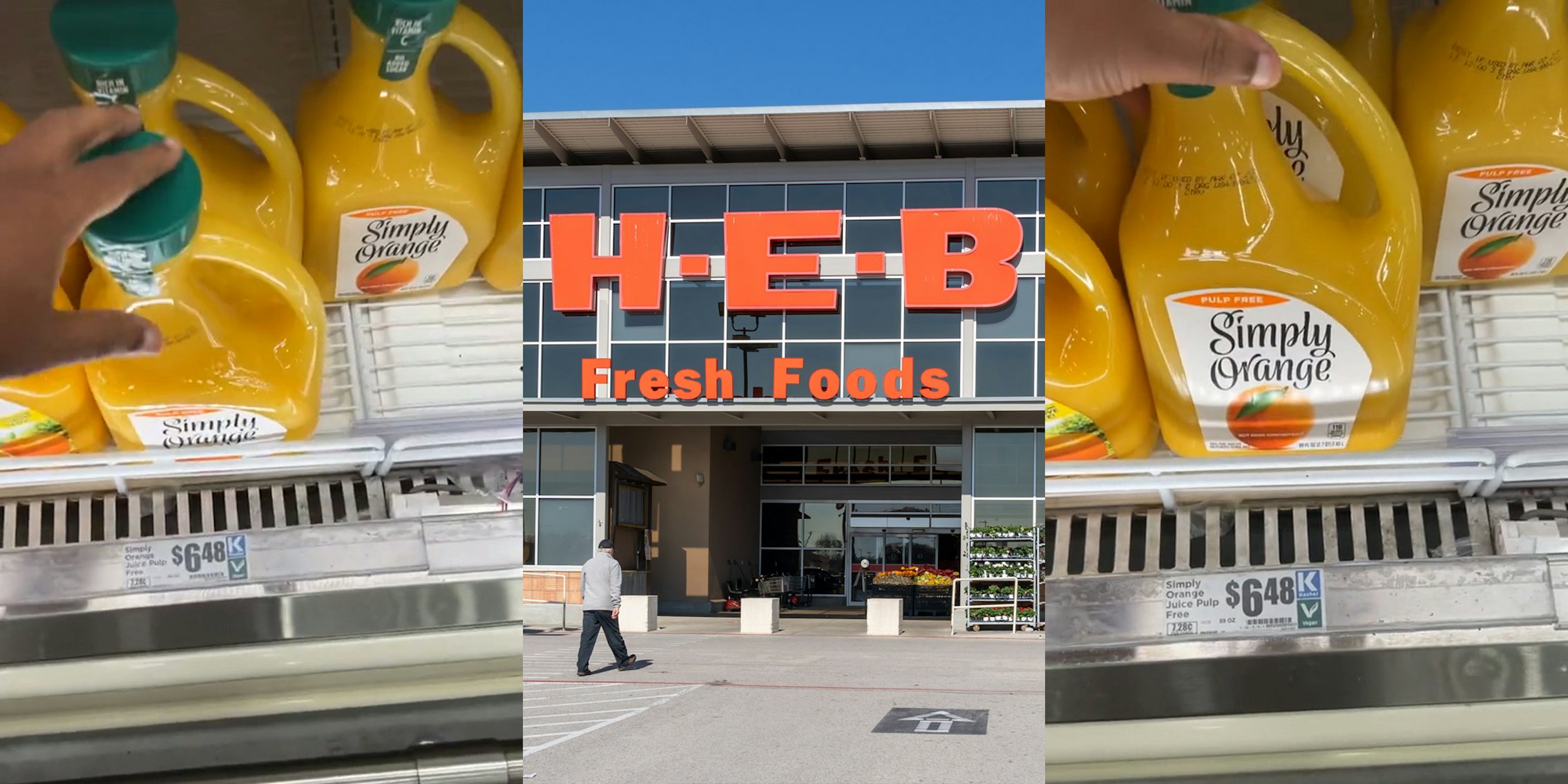 man tilting Simply Made orange juice to show label prices at $6.48 (l) HEB sign on building (c) man tilting Simply Made orange juice to show label prices at $6.48 (r)