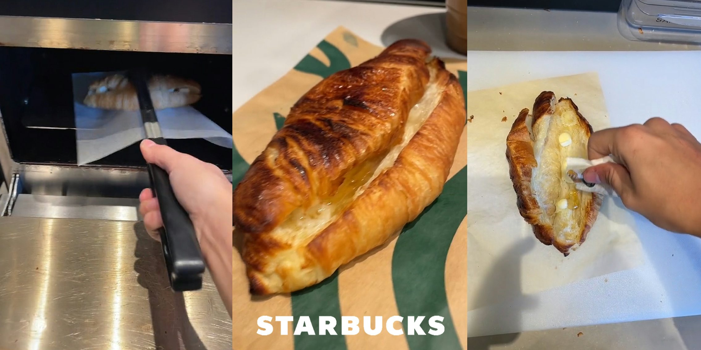 Starbucks barista placing croissant in oven (l) Starbucks croissant with Starbucks logo at bottom (c) Starbucks barista adding honey inside of croissant (r)