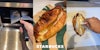 Starbucks barista placing croissant in oven (l) Starbucks croissant with Starbucks logo at bottom (c) Starbucks barista adding honey inside of croissant (r)
