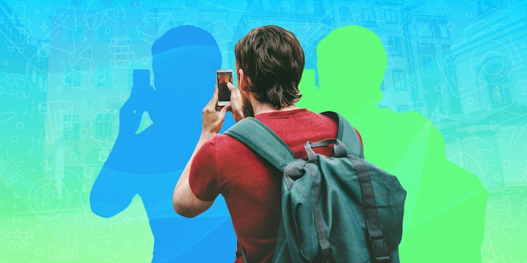 tourist taking photos of architecture in front of blue to green gradient background with travel doodles Passionfruit Remix