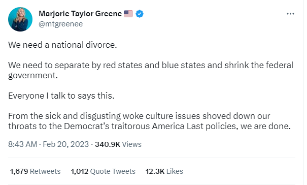 Marjorie Taylor Greene Calls For 'National Divorce'