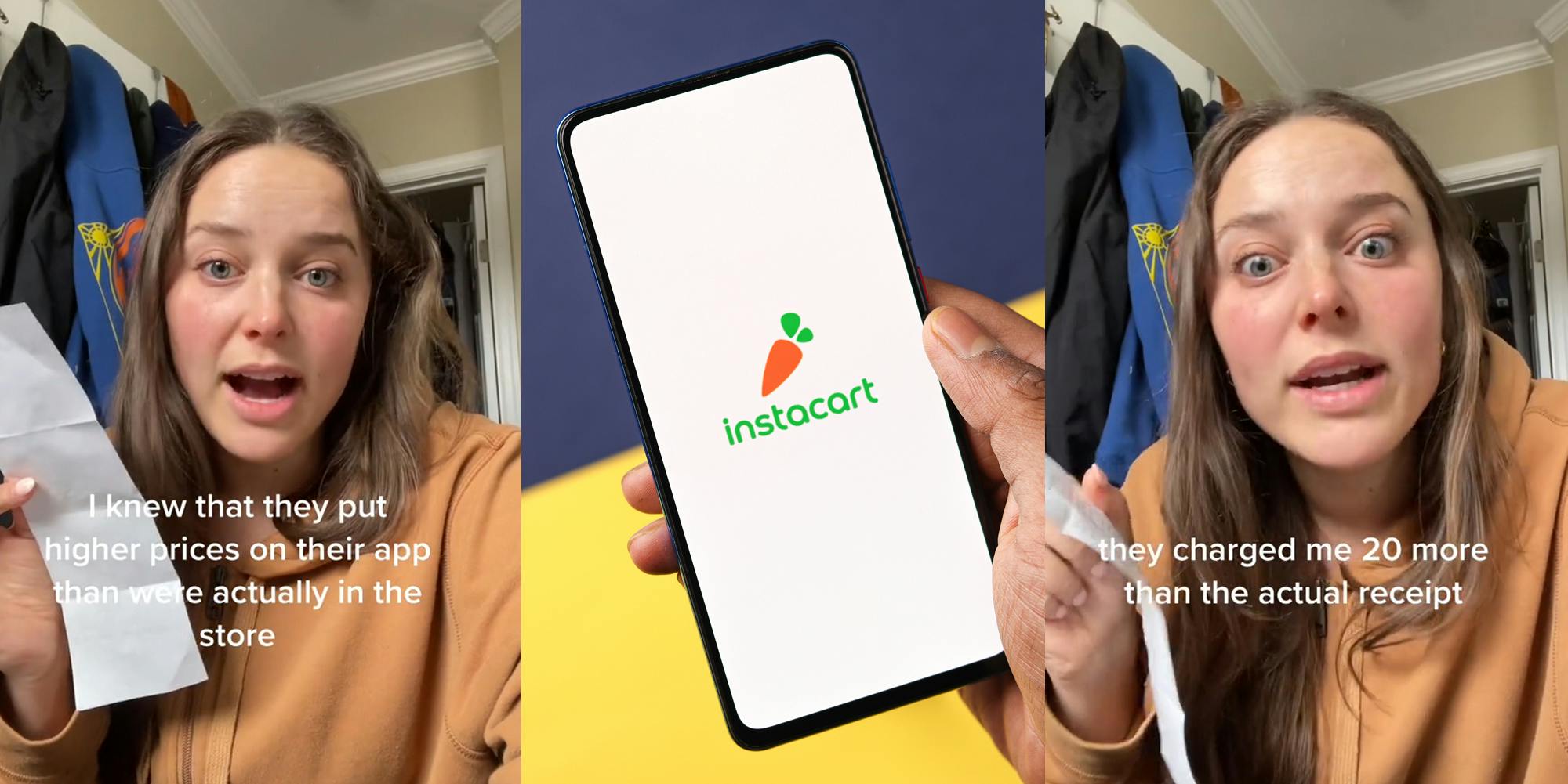 Instacart customer speaking holding receipt with caption " I knew they put higher prices on their app than were actually in the store" (l) Hand holding phone with Instacart on screen in front of purple and yellow diagonal split background (c) Instacart customer speaking holding receipt with caption " they charged me 20 more than the actual receipt " (r)