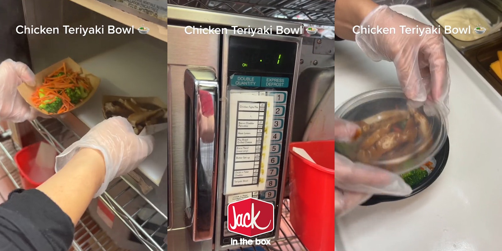 JITB worker placing veggies and teriyaki chicken in microwave with caption 'Chicken Teriyaki Bowl' (l) JITB microwave with caption 'Chicken Teriyaki Bowl' and JITB logo at bottom (c) JITB worker placing lid on meal with caption 'Chicken Teriyaki Bowl' (r)