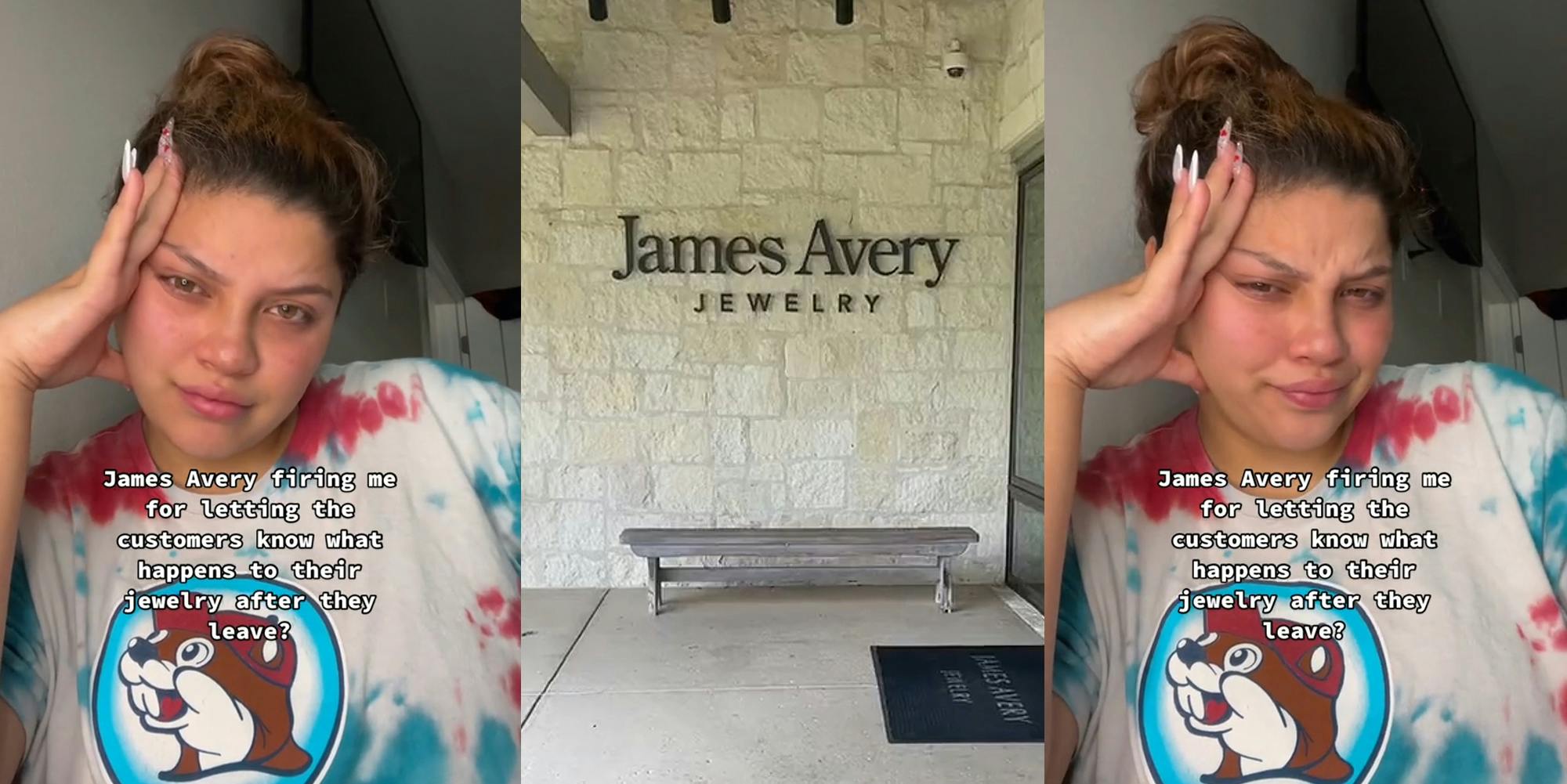 former James Avery employee with caption "James Avery firing me for letting the customers know what happens to their jewelry after they leave?" (l) James Avery Jewelry entrance with sign (c) former James Avery employee with caption "James Avery firing me for letting the customers know what happens to their jewelry after they leave?" (r)