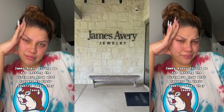former James Avery employee with caption 'James Avery firing me for letting the customers know what happens to their jewelry after they leave?' (l) James Avery Jewelry entrance with sign (c) former James Avery employee with caption 'James Avery firing me for letting the customers know what happens to their jewelry after they leave?' (r)