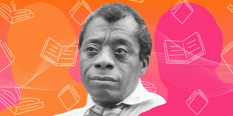 James Baldwin in front of orange to pink gradient background with book doodles Passionfruit Remix