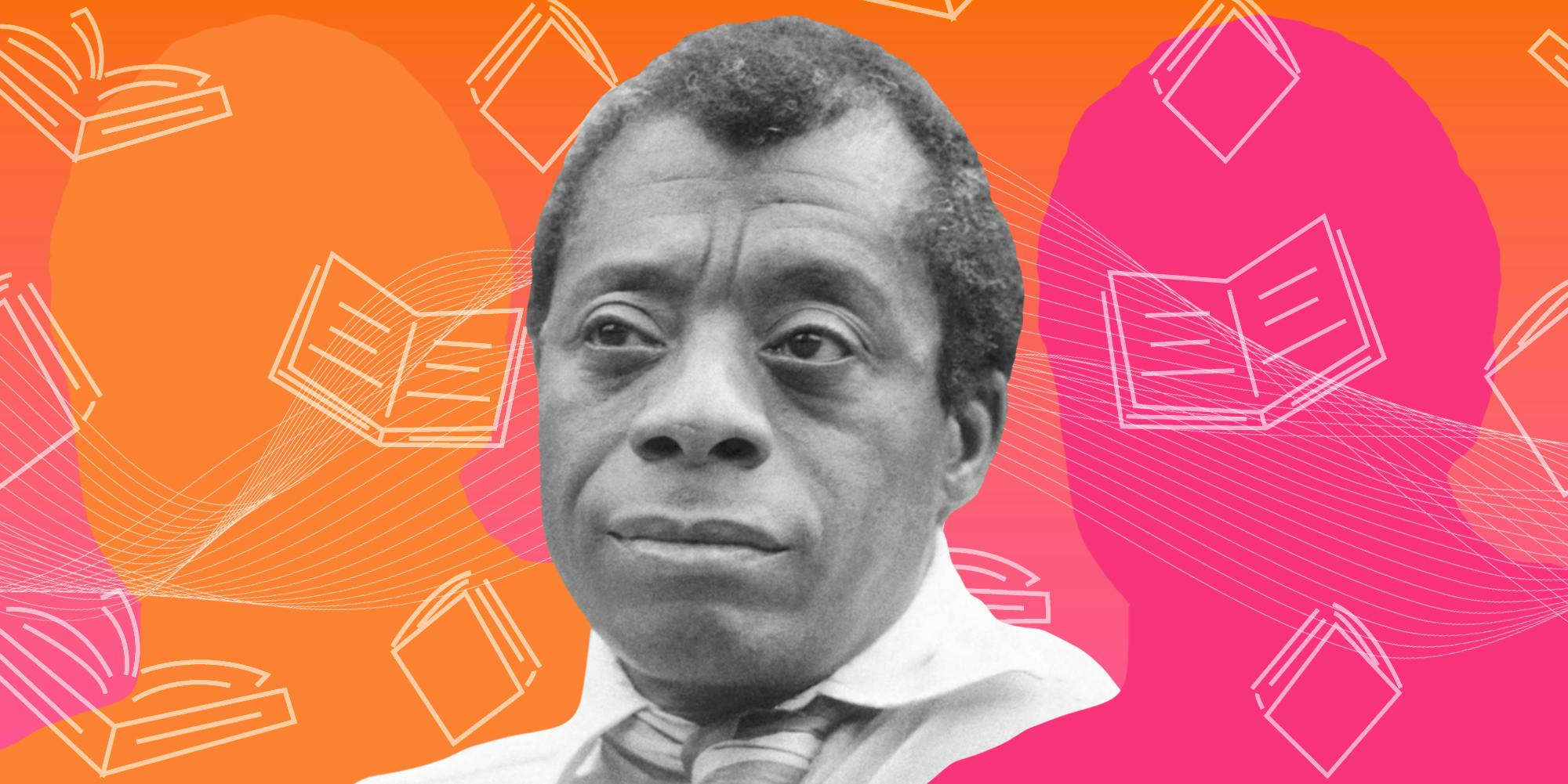 James Baldwin in front of orange to pink gradient background with book doodles Passionfruit Remix