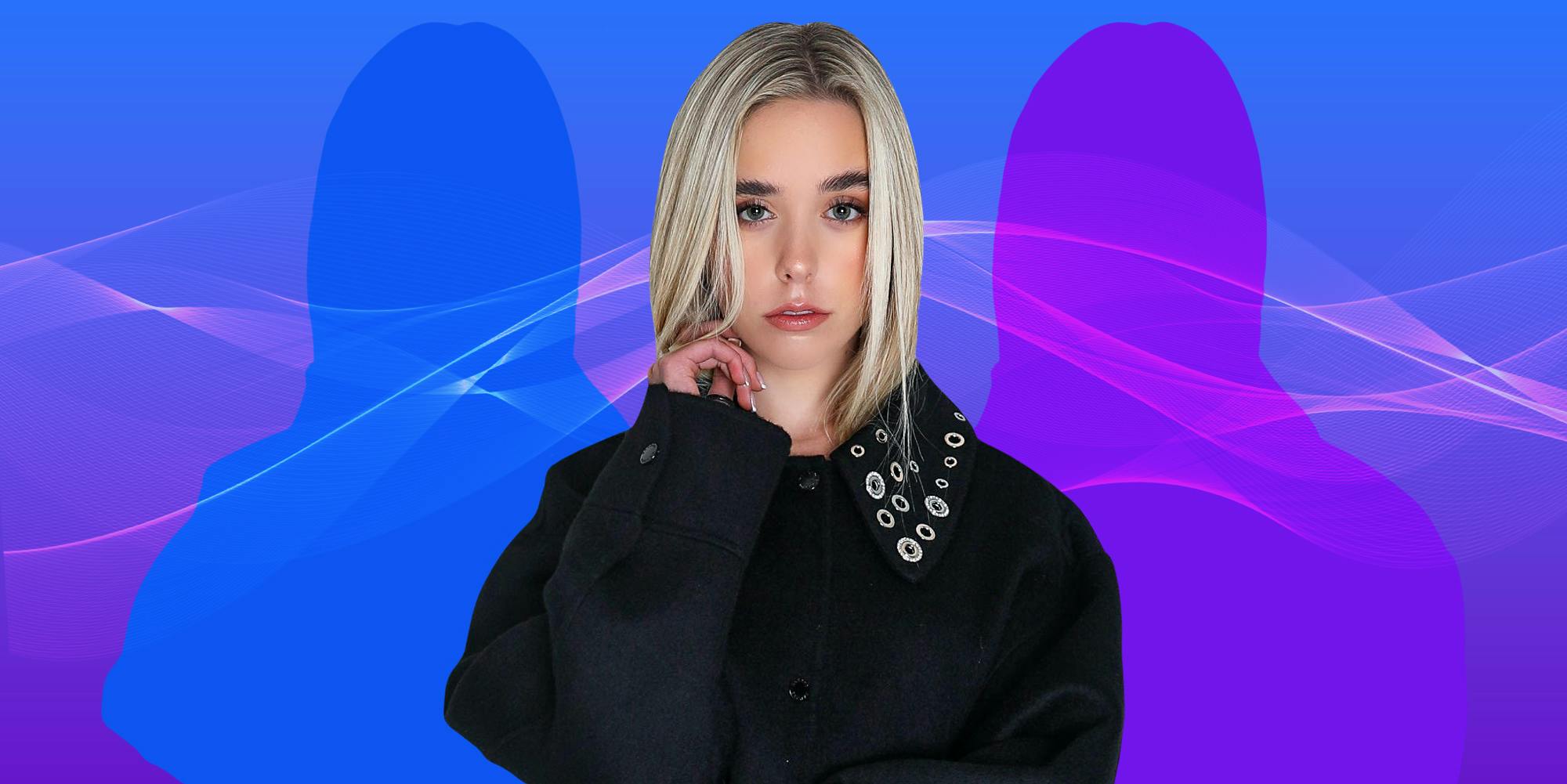 Jenna Davis in front of blue to purple vertical gradient background Passionfruit Remix