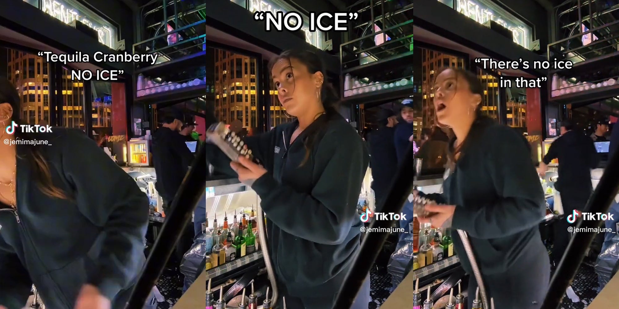 bartender pouring 'Tequila Cranberry NO ICE'