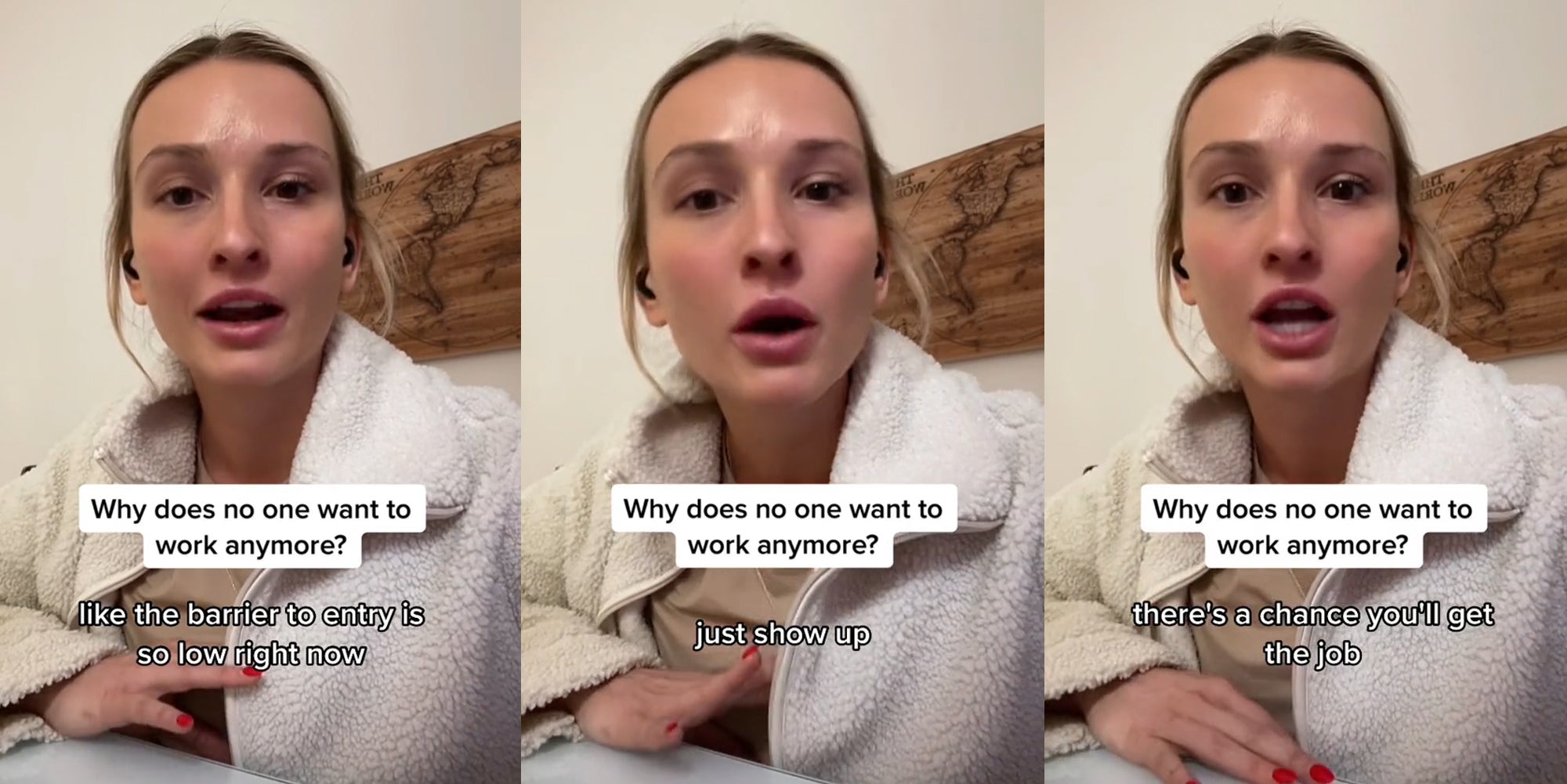 hiring manager speaking with caption "Why does no one want to work anymore?" "like the barrier to entry is so low right now" (l) hiring manager speaking with caption "Why does no one want to work anymore?" "just show up" (c) hiring manager speaking with caption "Why does no one want to work anymore?" "there's a chance you'll get the job" (r)