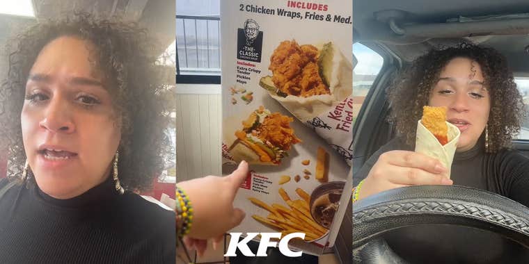 woman speaking in KFC (l) woman pointing at KFC interior ad for chicken wrap combo (c) woman holding up chicken wrap in car (r)