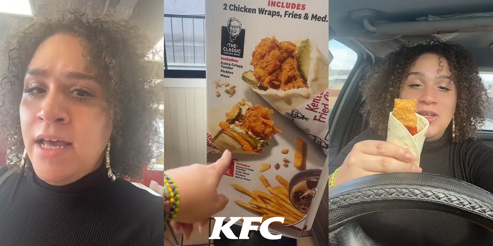 woman speaking in KFC (l) woman pointing at KFC interior ad for chicken wrap combo (c) woman holding up chicken wrap in car (r)