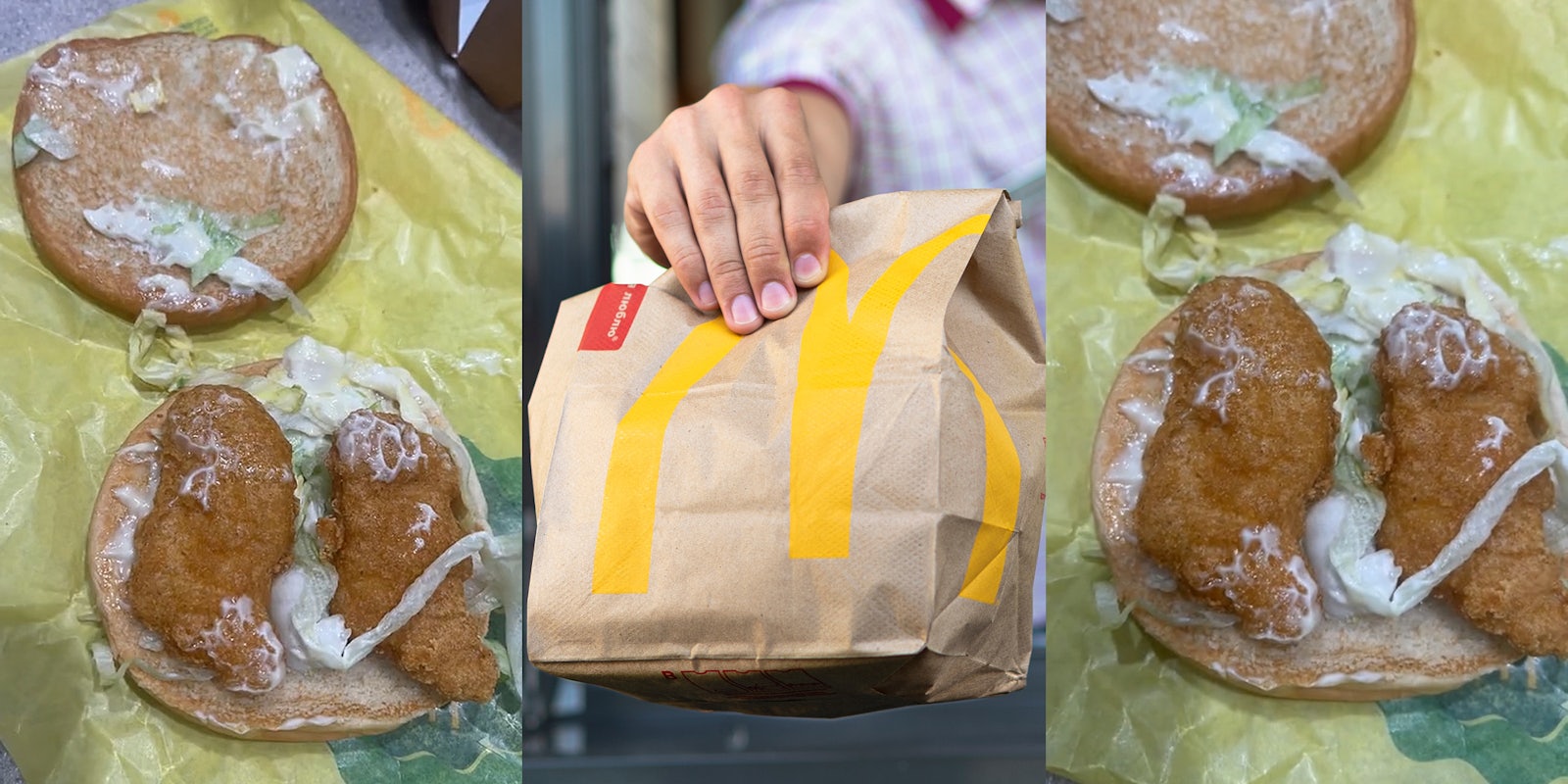 McChicken sandwich opened with 2 chicken nuggets instead of patty (l) McDonald's drive through window worker handing bag of food out (c) McChicken sandwich opened with 2 chicken nuggets instead of patty (r)