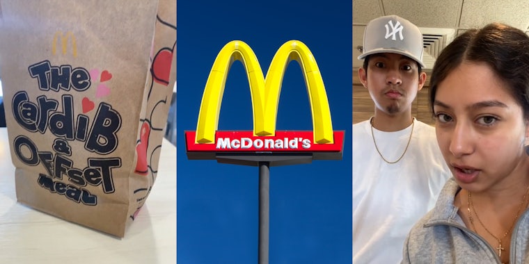 Cardi B and Offset McDonald's meal bag on white table (l) McDonald's sign in front of blue sky (c) people at McDonald's (r)