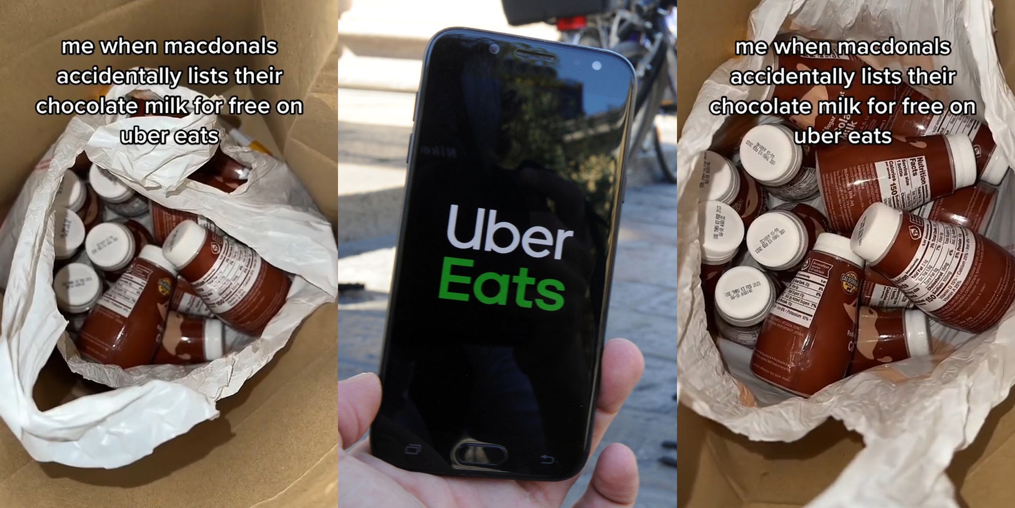 bag with chocolate milk in bottles with caption 'me when macdonals accidentally lists their chocolate milk for free on uber eats' (l) Uber ats on phone in hand outside (c) bag with chocolate milk in bottles with caption 'me when macdonals accidentally lists their chocolate milk for free on uber eats' (r)