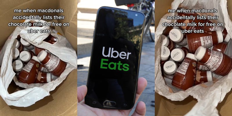 bag with chocolate milk in bottles with caption "me when macdonals accidentally lists their chocolate milk for free on uber eats" (l) Uber ats on phone in hand outside (c) bag with chocolate milk in bottles with caption "me when macdonals accidentally lists their chocolate milk for free on uber eats" (r)