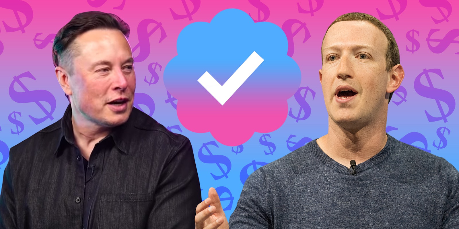 Elon Musk and Mark Zuckerberg in front of pink to blue gradient dollar sign background with Twitter verified logo in center