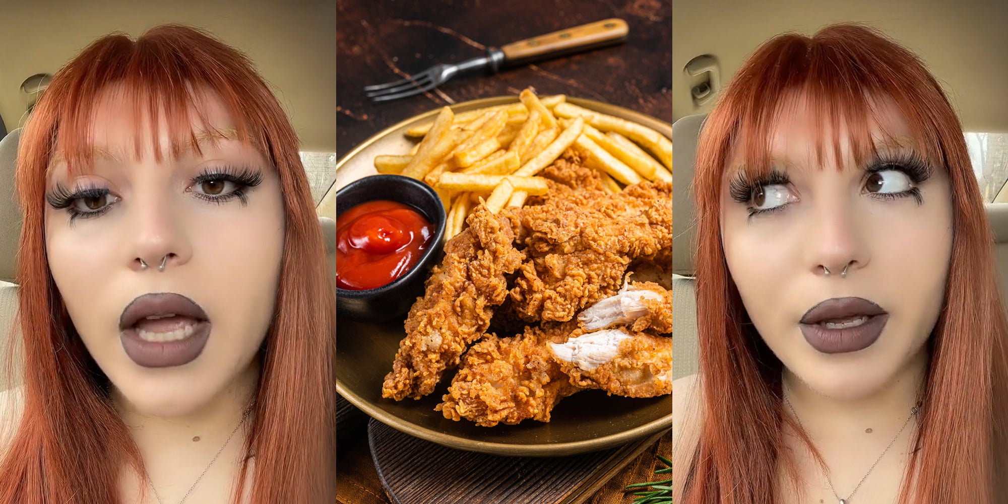 server speaking in car (l) chicken tenders and french fries on plate on table (c) server speaking in car looking left (r)