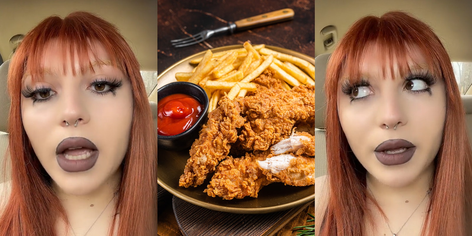 server speaking in car (l) chicken tenders and french fries on plate on table (c) server speaking in car looking left (r)