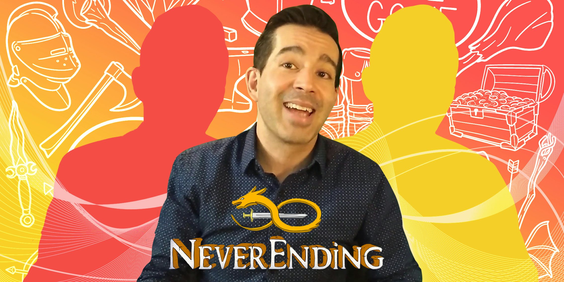 Never Ending creator with logo in front of pink to yellow gradient background with role play fantasy game doodle background Passionfruit Remix