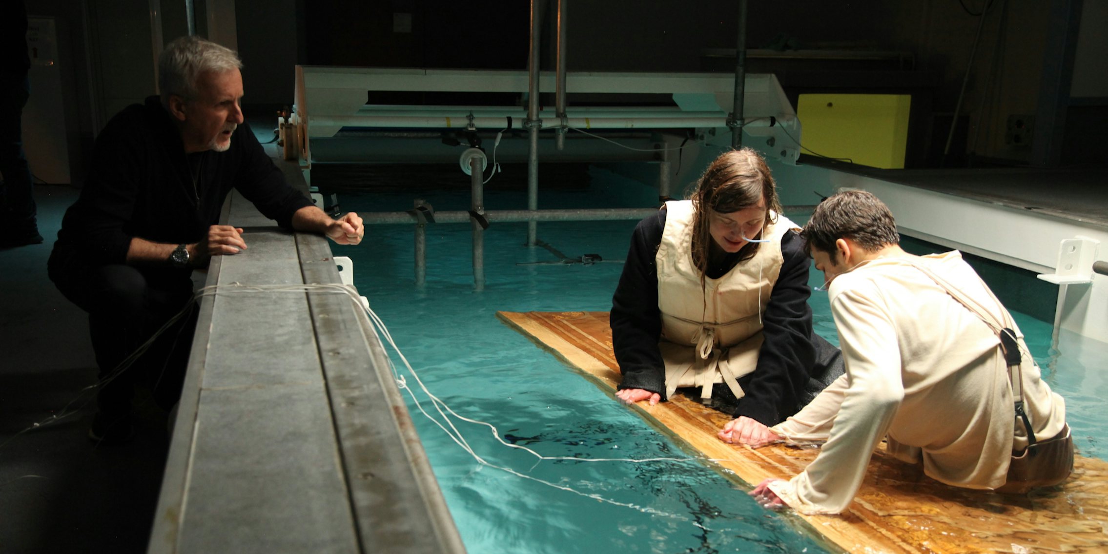 james cameron (left) with kristine zipfel and josh bird (who are recreating the floating debris scene from titanic in an experiment, in titanic 25 years later with james cameron