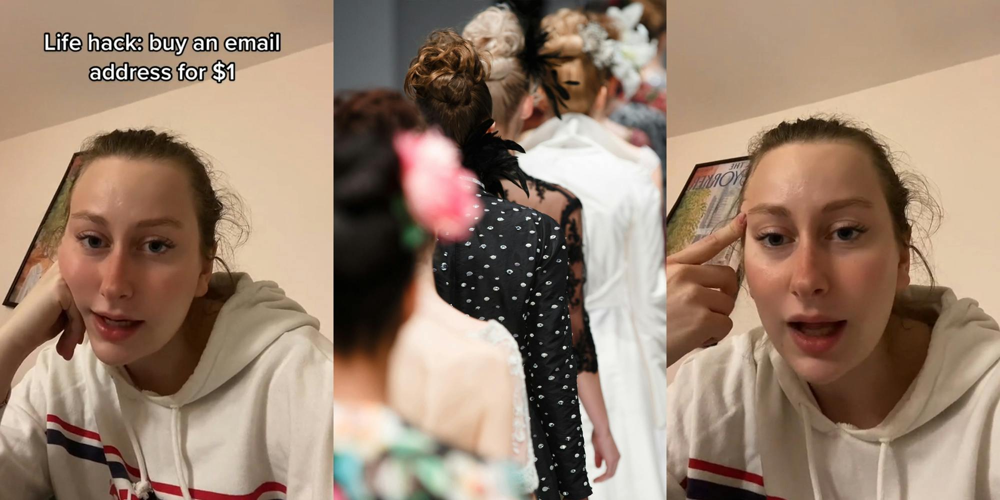 woman speaking with caption "Life hack: buy an email address for $1" (l) models walking in line on runway from behind (c) woman speaking with finger on forehead (r)