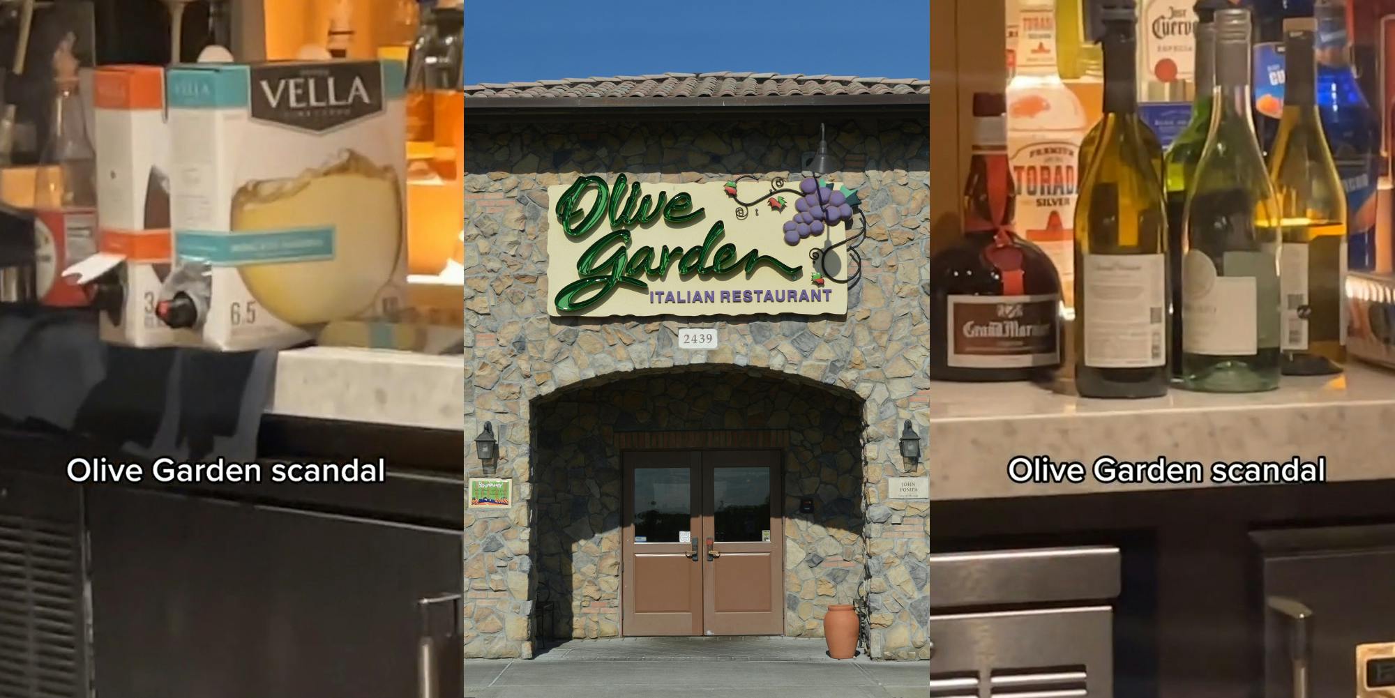 Olive Garden interior with boxed wine and caption "Olive Garden scandal" (l) Olive Garden building with sign and blue sky (c) Olive Garden interior with wine and caption "Olive Garden scandal" (r)