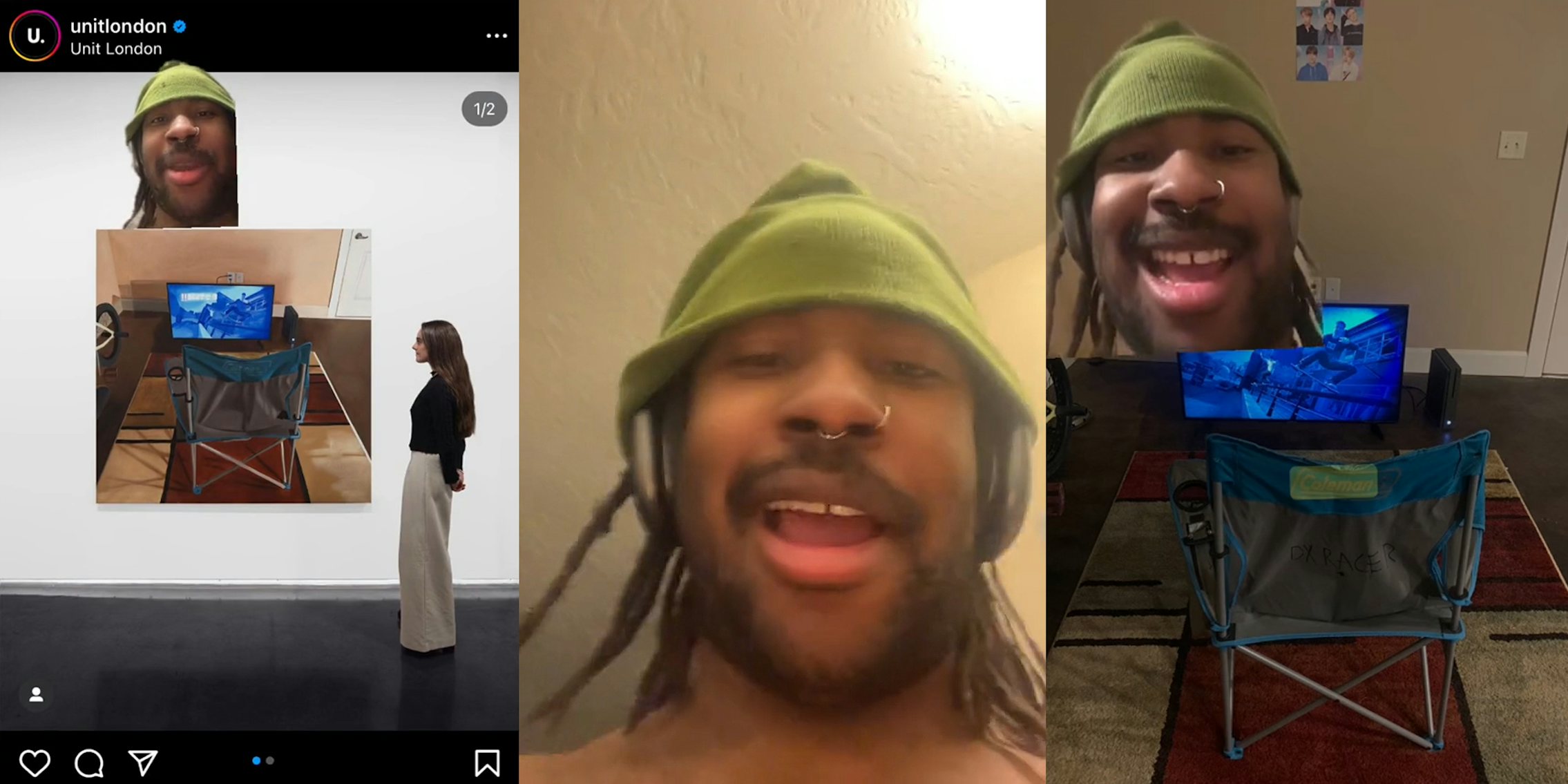 man greenscreen TikTok over Instagram post by unitlondon of woman looking at paintng of a living room on a wall (l) man speaking (c) man greenscreen TikTok over image of his living room (r)