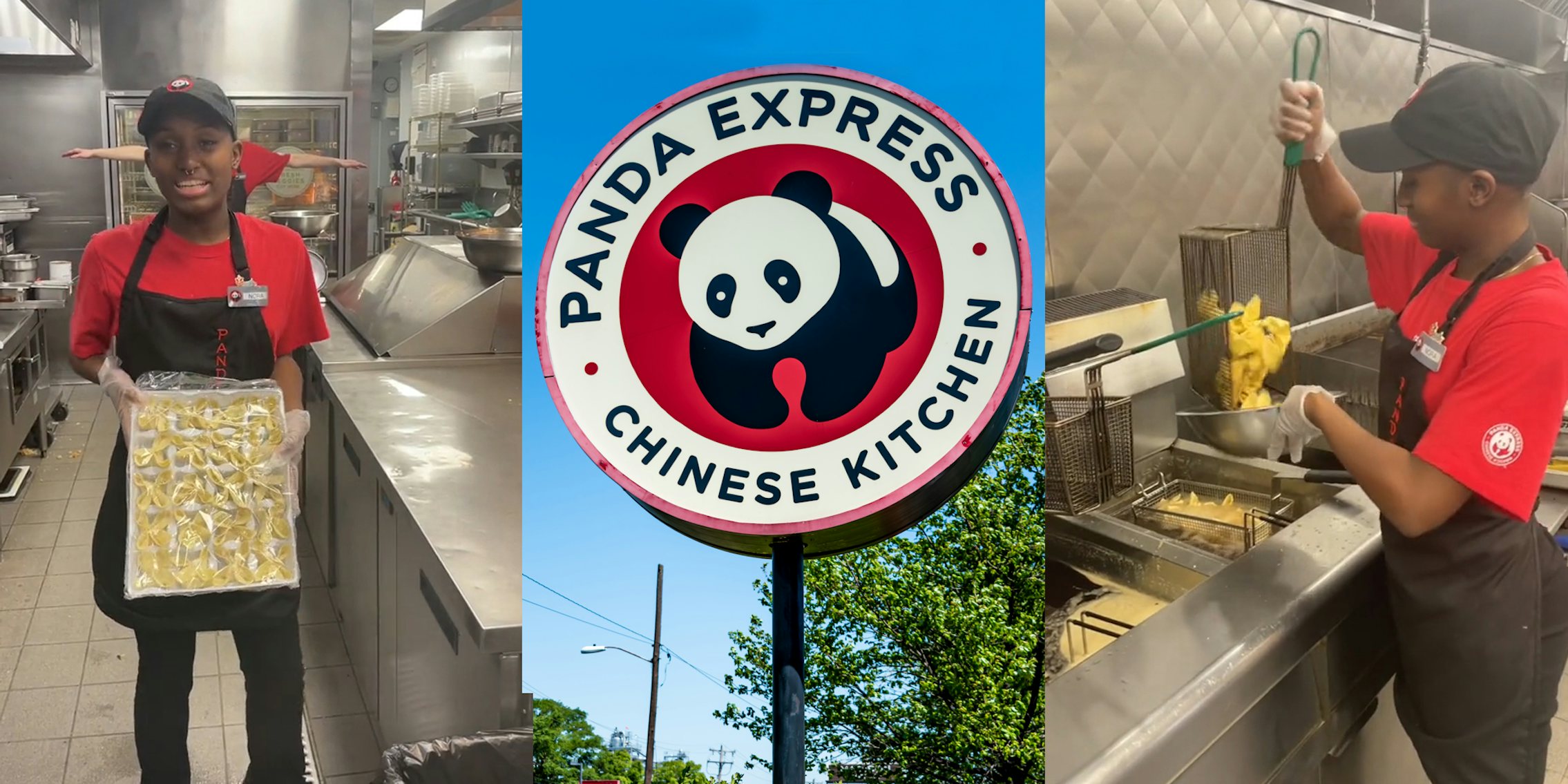 Panda Express employee holding tray of ran goons (l) Panda Express sign outside (c) Panda Express employee taking ran goons out of fryer (r)
