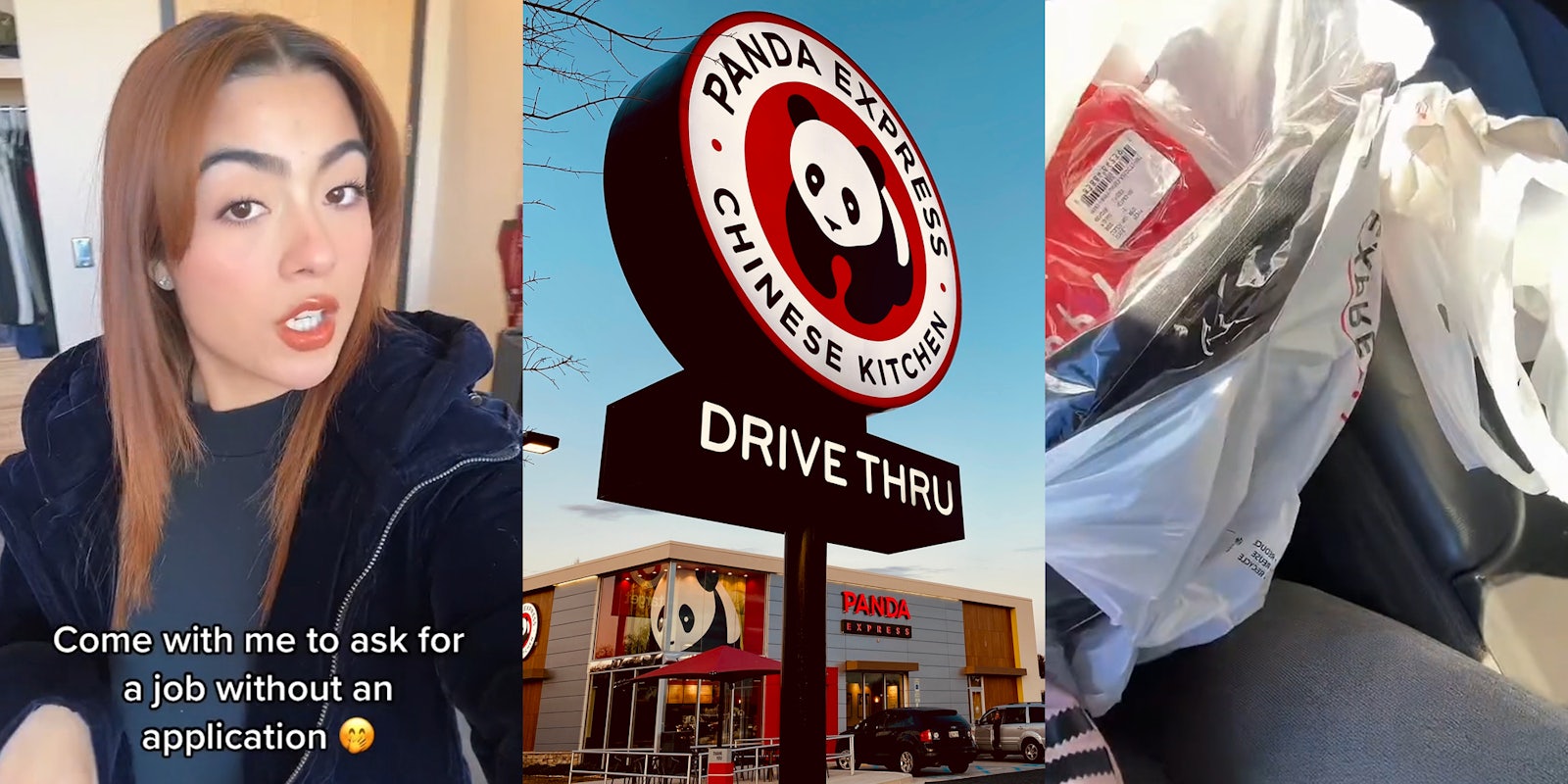woman speaking with caption 'Come with me to ask for a job without an application' (l) Panda Express sign with building behind (c) bag of Panda Express uniforms in car (r)