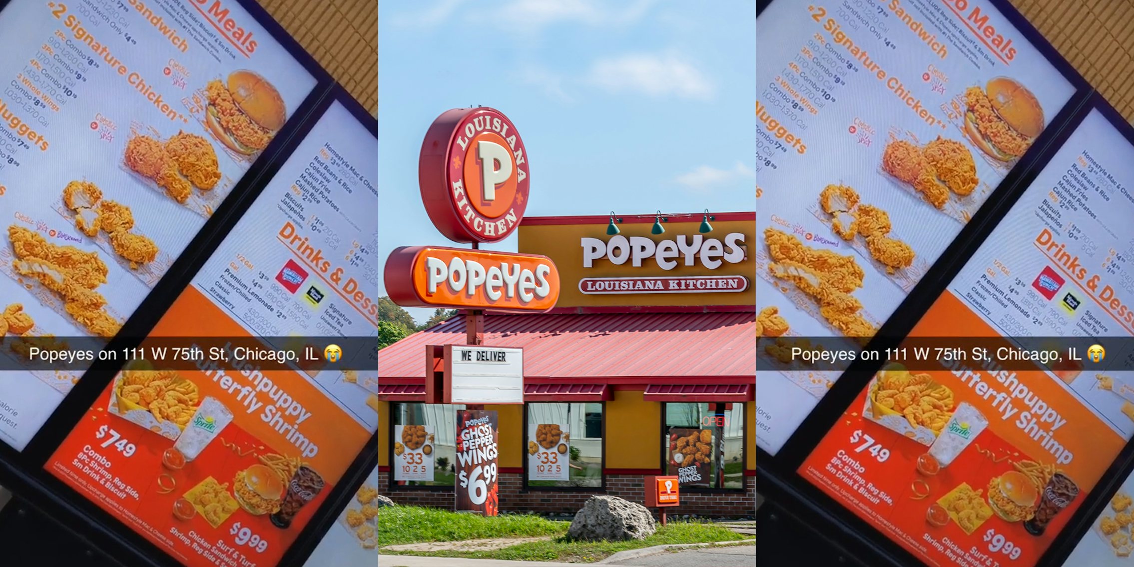 Popeyes drive thru menu with caption 'Popeyes on 111 W 75th St, Chicago, IL' (l) Popeyes building with signs (c) Popeyes drive thru menu with caption 'Popeyes on 111 W 75th St, Chicago, IL' (r)