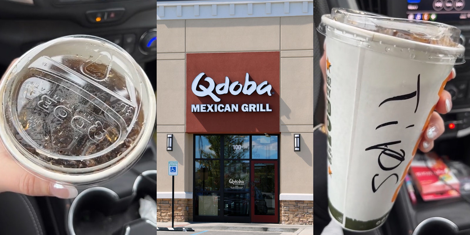 Qdoba cup filled with coke in car (l) Qdoba sign on building entrance (c) Qdoba tip cup filled with coke in car (r)