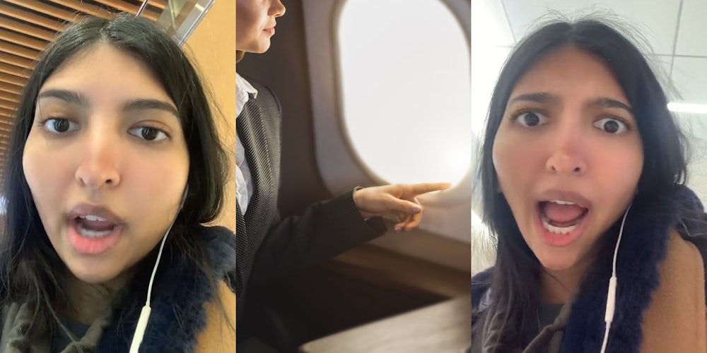 woman speaking in airport (l) woman seated at window seat in plane pointing outside (c) woman speaking in airport (r)
