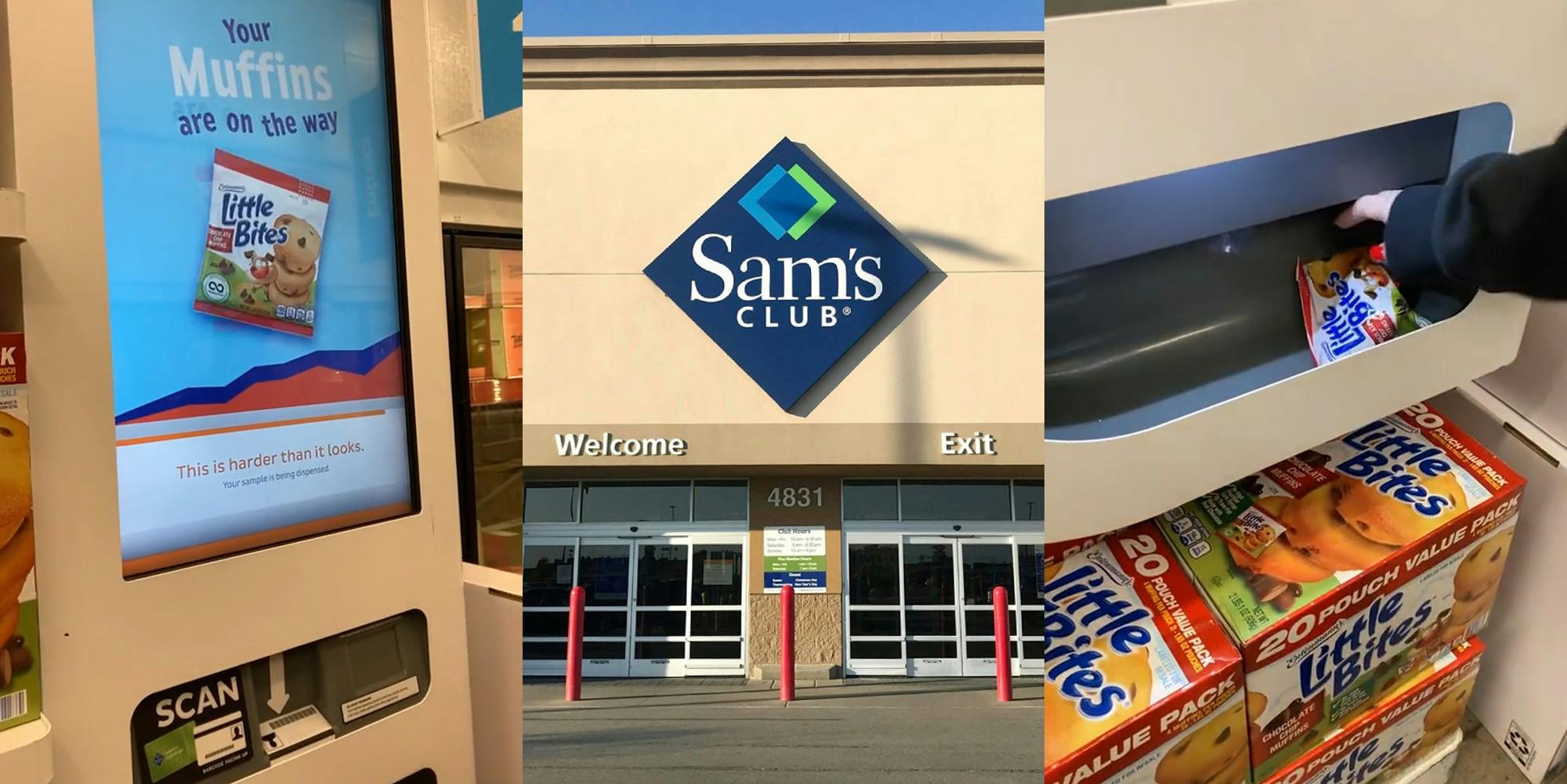 Sam's Club samples machine for Little Bites with caption on screen "This is harder than it looks." (l) Sam's club sign on building (c) Sam's Club customer grabbing Little Bites sample from machine (r)