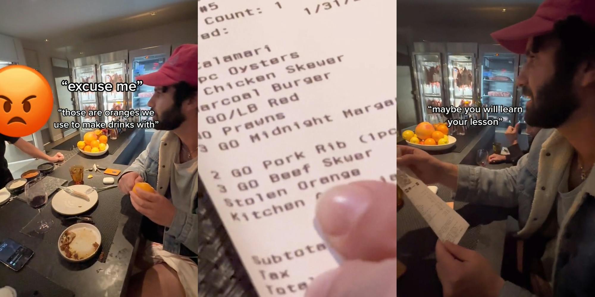 man eating orange from bowl on table as server puts hand out with caption ""excuse me"" ""those are oranges we use to make drinks with"" (l) bill with "stolen orange" on it (c) man holding receipt with mouth open with caption ""maybe you will learn your lesson"" (r)