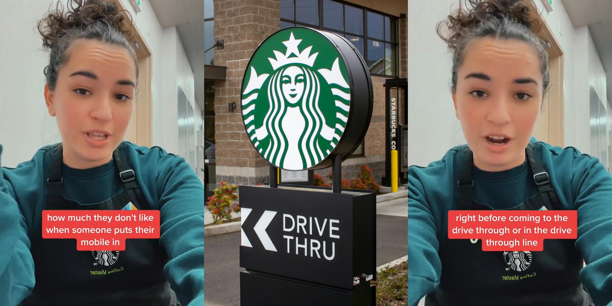 Starbucks barista speaking with caption "how much they don't like when someone puts their mobile order in" (l) Starbucks drive thru sign outside of building (c) Starbucks barista speaking with caption "right before coming to the drive through or in the drive through line" (r)