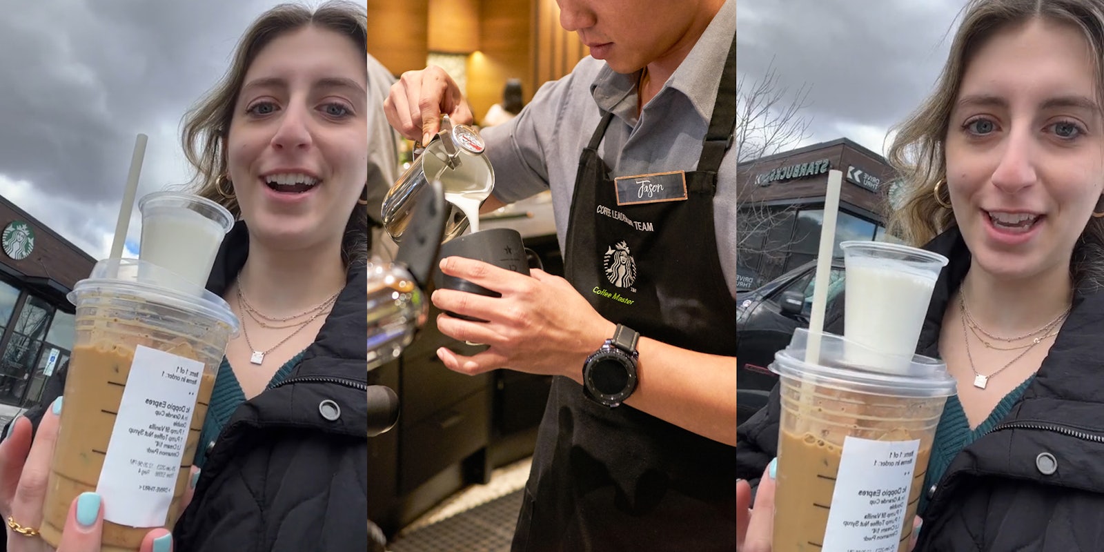 woman holding a Starbucks drink with extra cream on top while speaking outside (l) Starbucks barista pouring cream into mug (c) woman holding a Starbucks drink with extra cream on top while speaking outside (r)