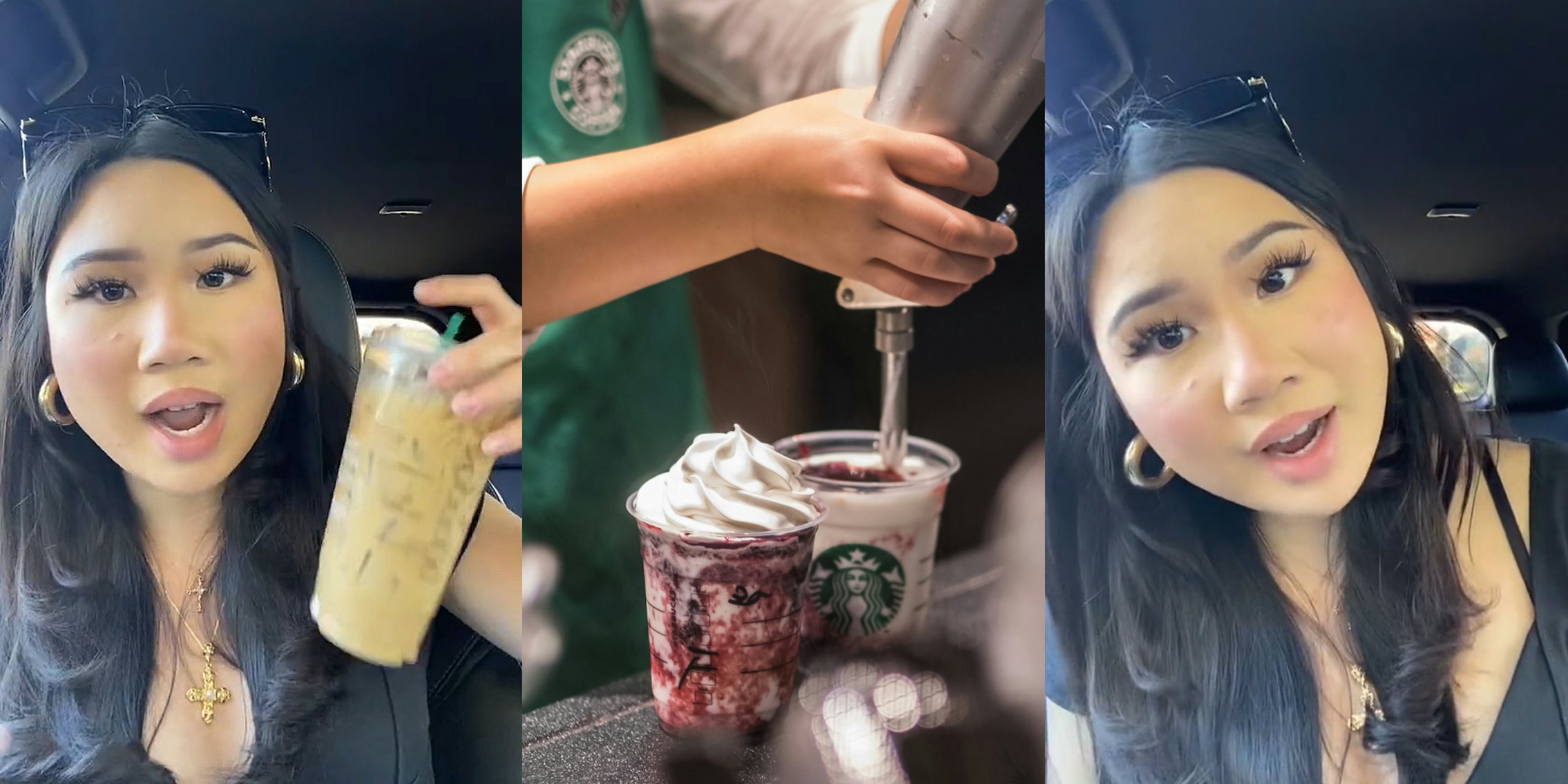 woman speaking in car holding up Starbucks drink (c) Starbucks barista making drinks (c) woman speaking with head tilted in car (r)
