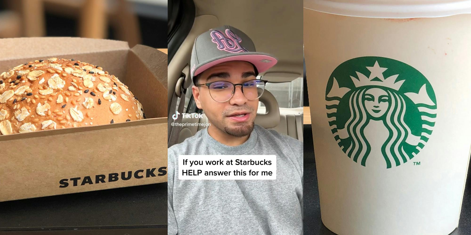man in car with starbucks coffee and bread