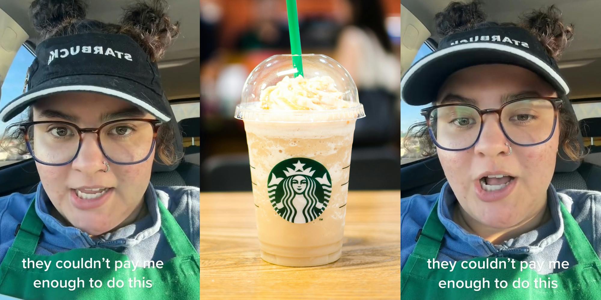 Starbucks barista speaking in car with caption "they couldn't pay me enough to do this" (l) Starbucks Frappuccino drink on wooden table (c) Starbucks barista speaking in car with caption "they couldn't pay me enough to do this" (r)