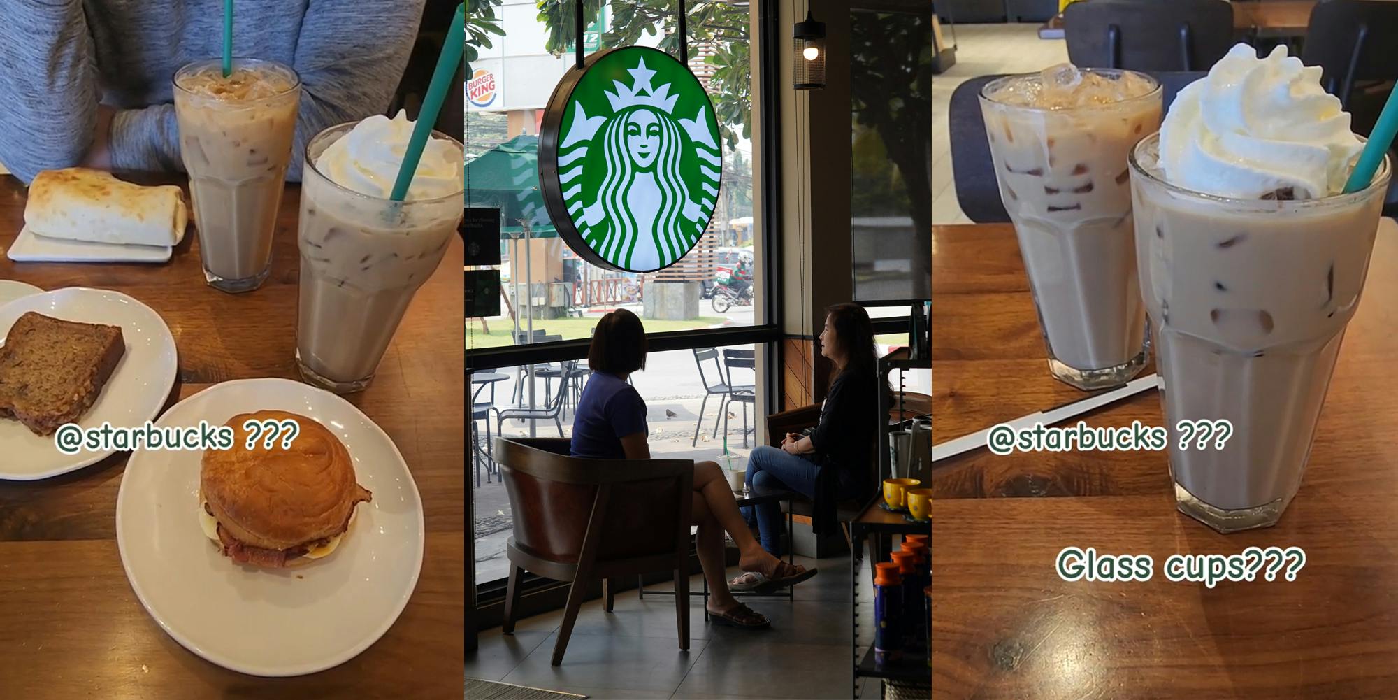 Starbucks customers seated at table with drinks in glass cups with caption "@starbucks???" (l) Starbucks interior with customers seated underneath sign (c) Starbucks drinks on table in glass cups with caption "@starbucks??? Glass cups???" (r)