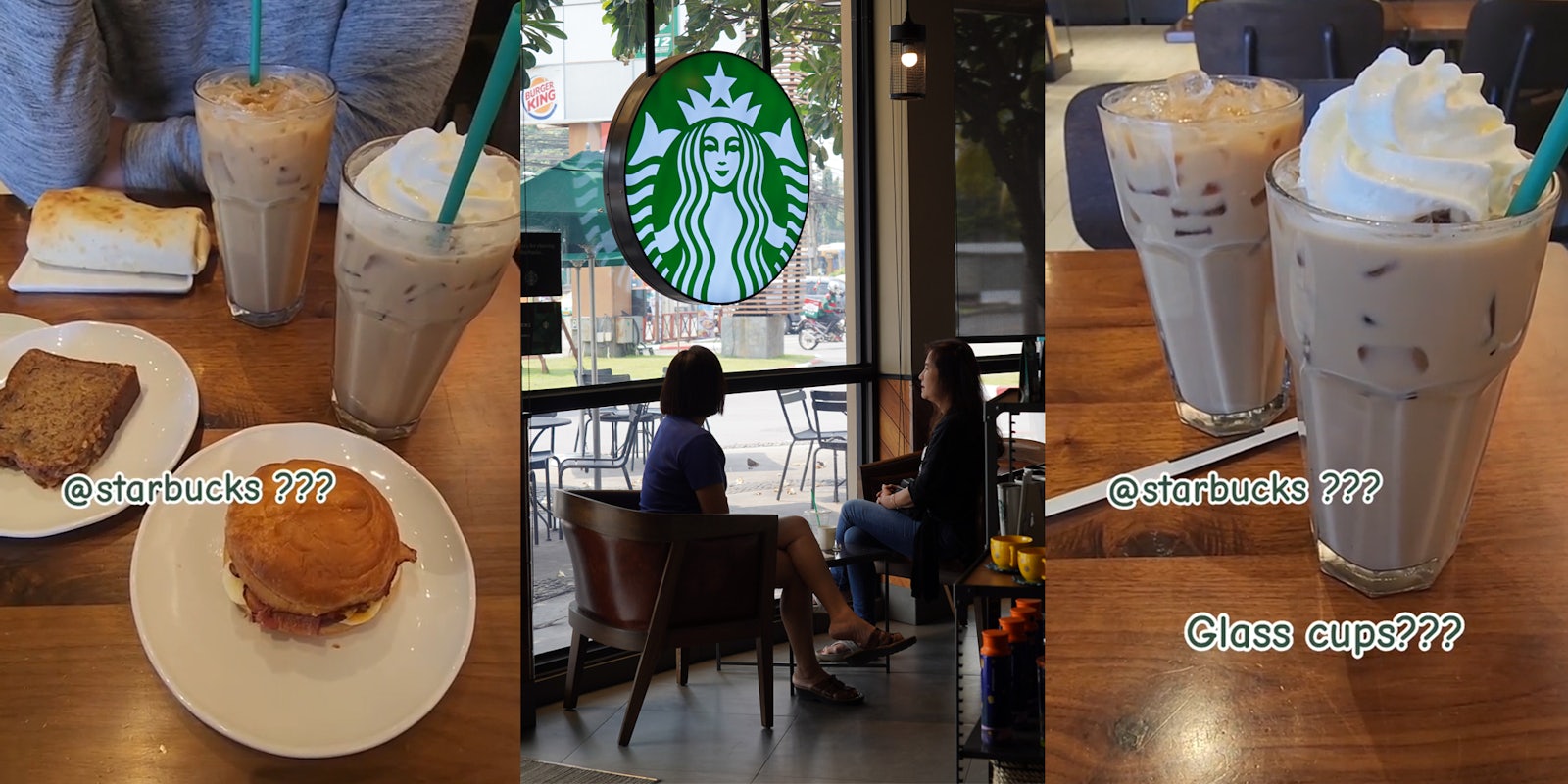 Starbucks customers seated at table with drinks in glass cups with caption '@starbucks???' (l) Starbucks interior with customers seated underneath sign (c) Starbucks drinks on table in glass cups with caption '@starbucks??? Glass cups???' (r)