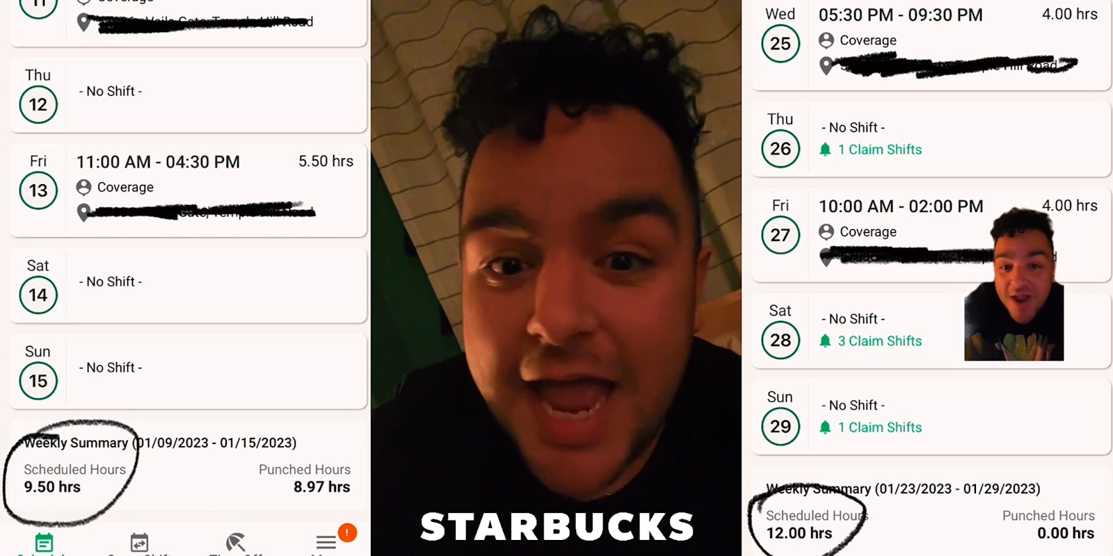image of Starbucks hours with 9.50 hours circled (l) Starbucks employee speaking with Starbucks logo at bottom (c) Starbucks employee greenscreen TikTok over image of hours with 12.00 hours circled (r)