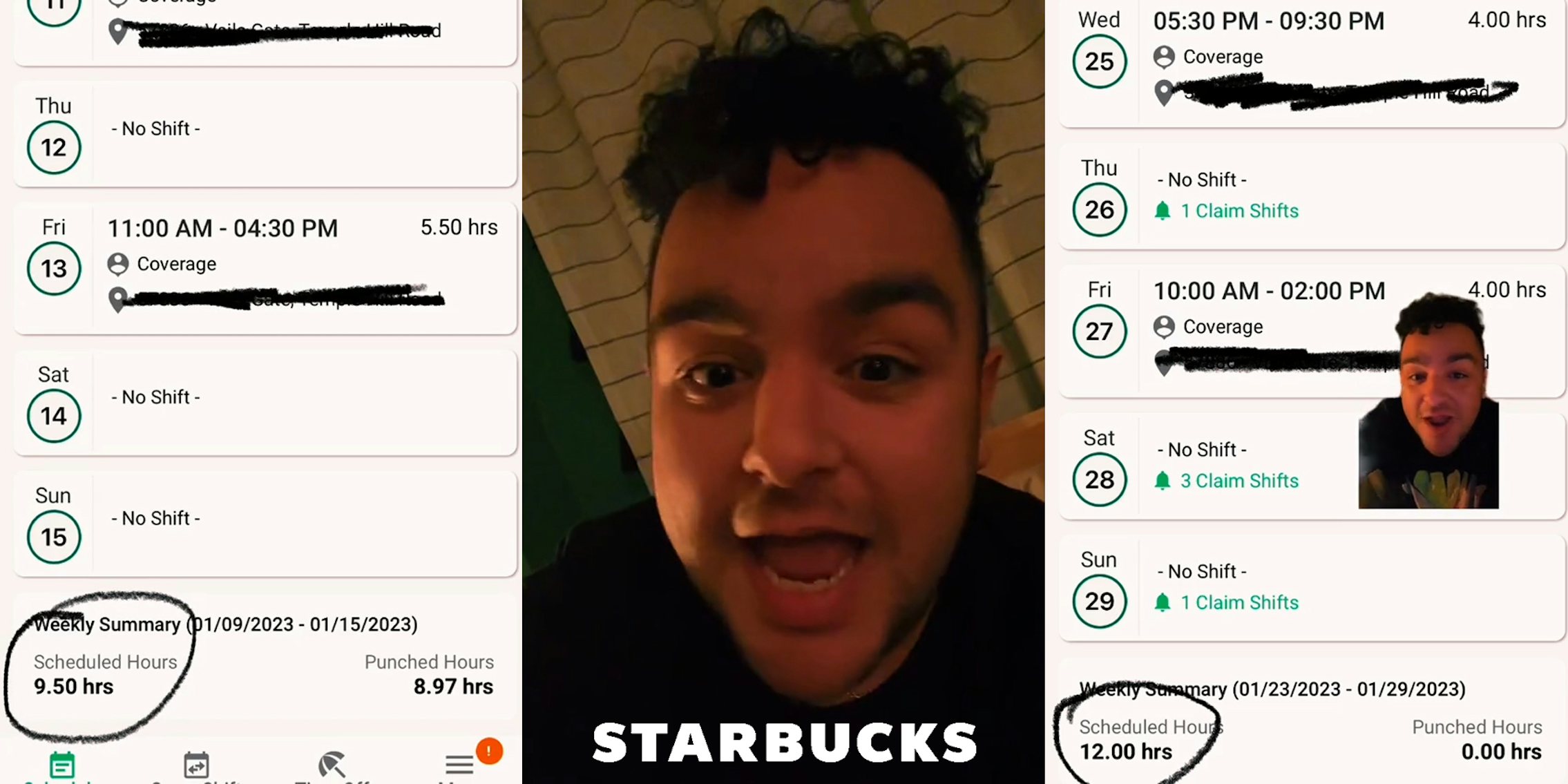 image of Starbucks hours with 9.50 hours circled (l) Starbucks employee speaking with Starbucks logo at bottom (c) Starbucks employee greenscreen TikTok over image of hours with 12.00 hours circled (r)